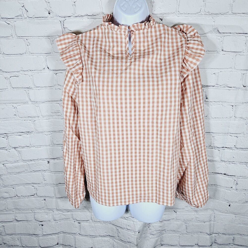 NWT Shein Frenchy Women's Blouse Size L 8/10 Rust Orange Checker Bohemian Ruffle